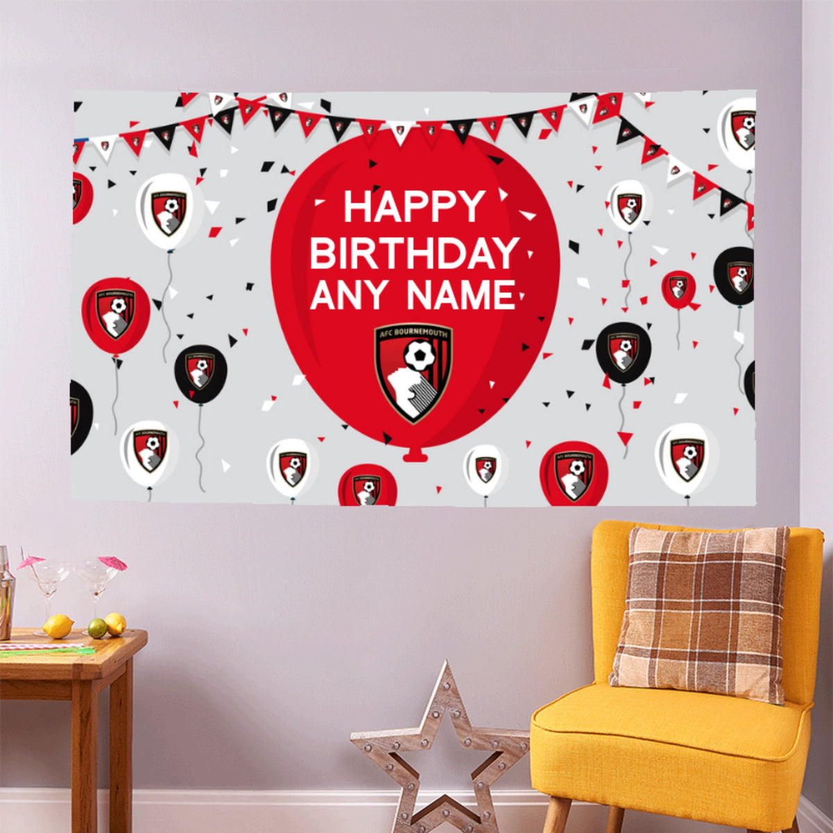 Bournemouth Personalised Birthday Banner (5ft x 3ft, Balloons Design)