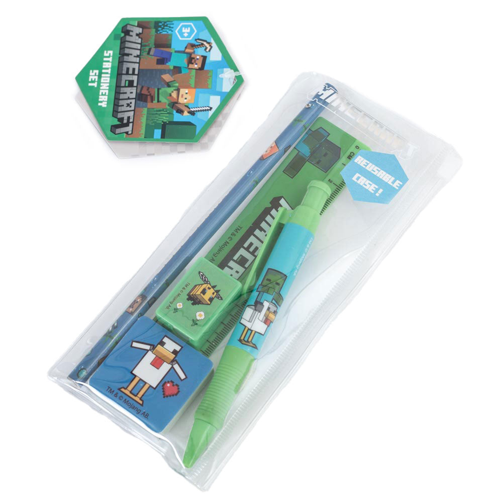 Kit Papeterie Minecraft - Lot De 5 Articles : Crayon, Stylo, Règle, Gomme, Taille-Crayon