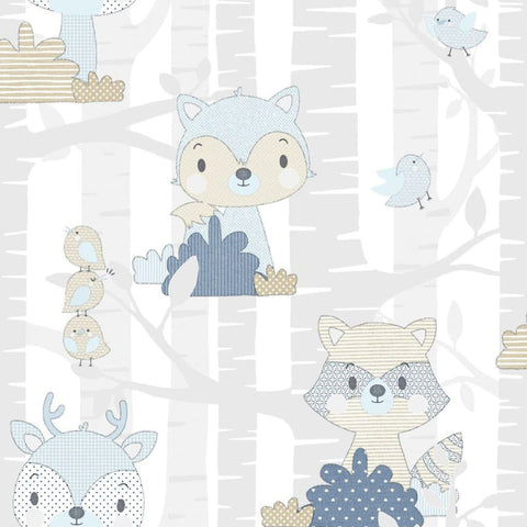 Noordwand Wallpaper Mondo baby Forest Animals White and Blue