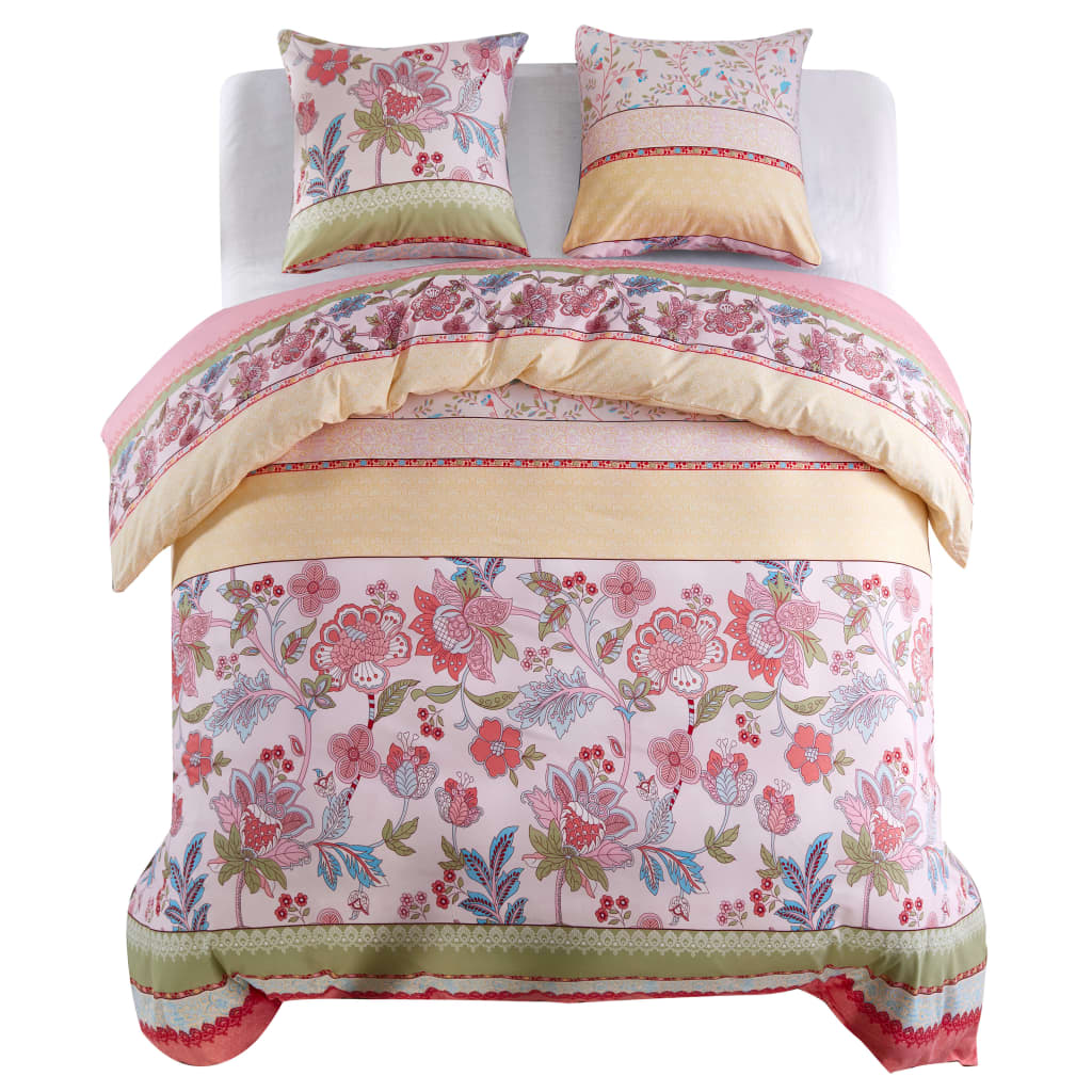 vidaXL Duvet Cover Set Floral/Striped Pink 200x220/80x80 cm