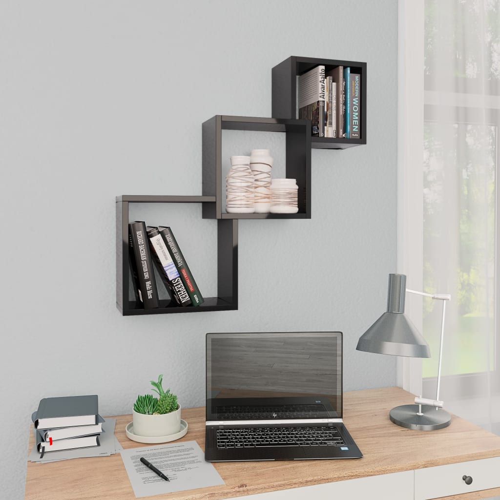 vidaXL Cube Wall Shelf High Gloss Black 68x15x68 cm Engineered Wood