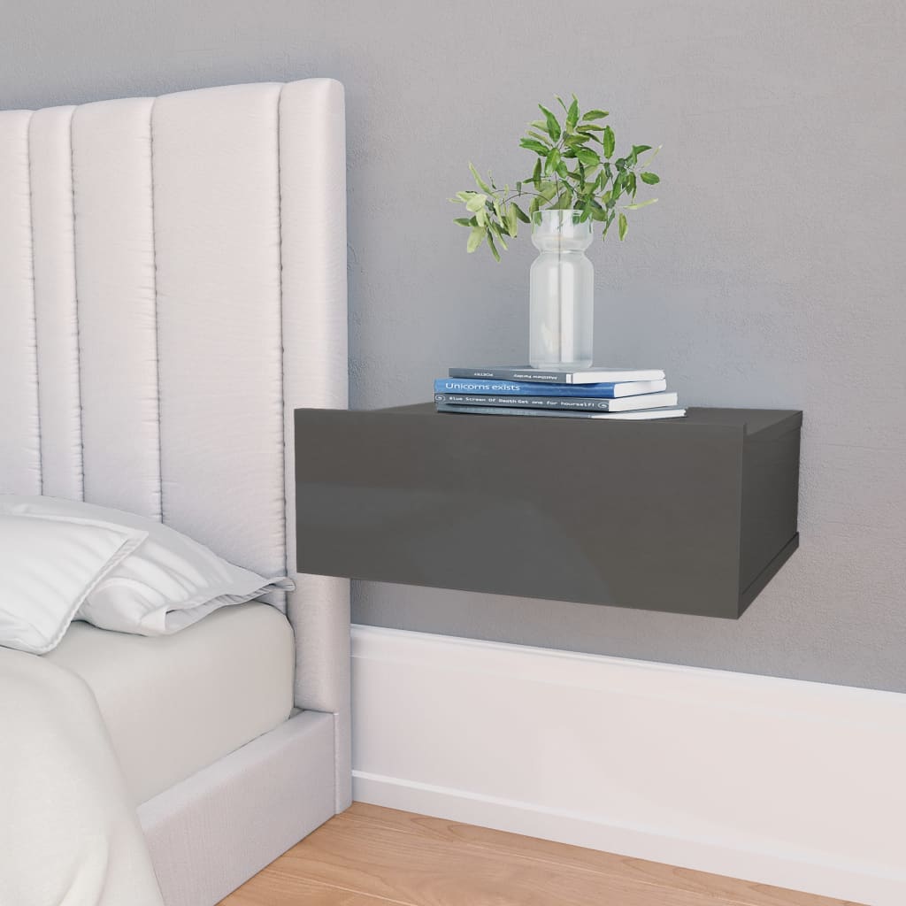 vidaXL Floating Nightstand High Gloss Grey 40x30x15 cm Engineered Wood