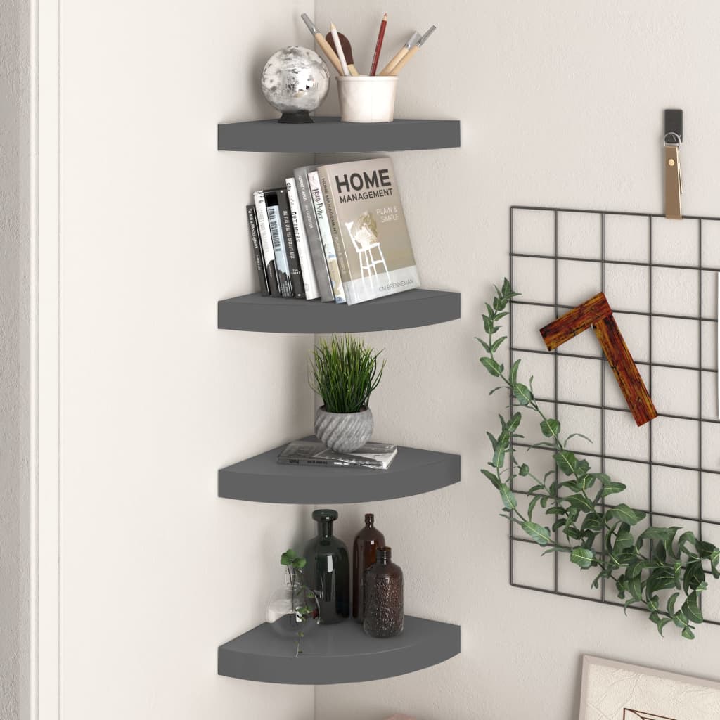 vidaXL Floating Corner Shelves 4 pcs High Gloss Grey 25x25x3.8 cm MDF