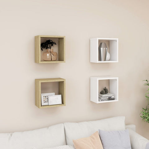 vidaXL Wall Cube Shelves 4 pcs White and Sonoma Oak 26x15x26 cm