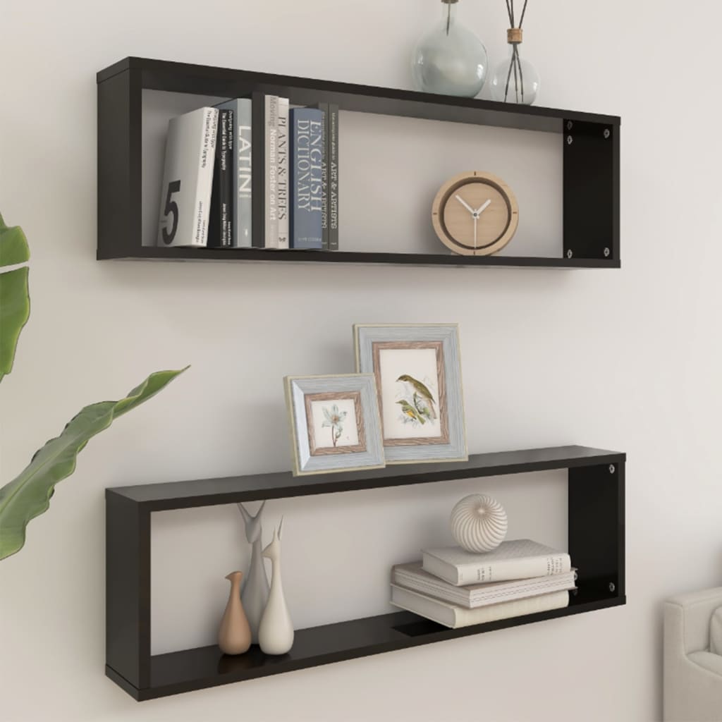 vidaXL Wall Cube Shelf 2 pcs High Gloss Black 100x15x30 cm Engineered Wood