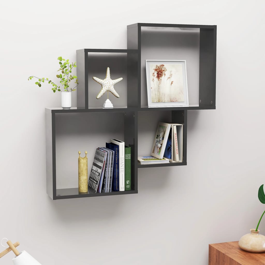 vidaXL Wall Cube Shelf High Gloss Grey 80x15x78.5 cm Engineered Wood