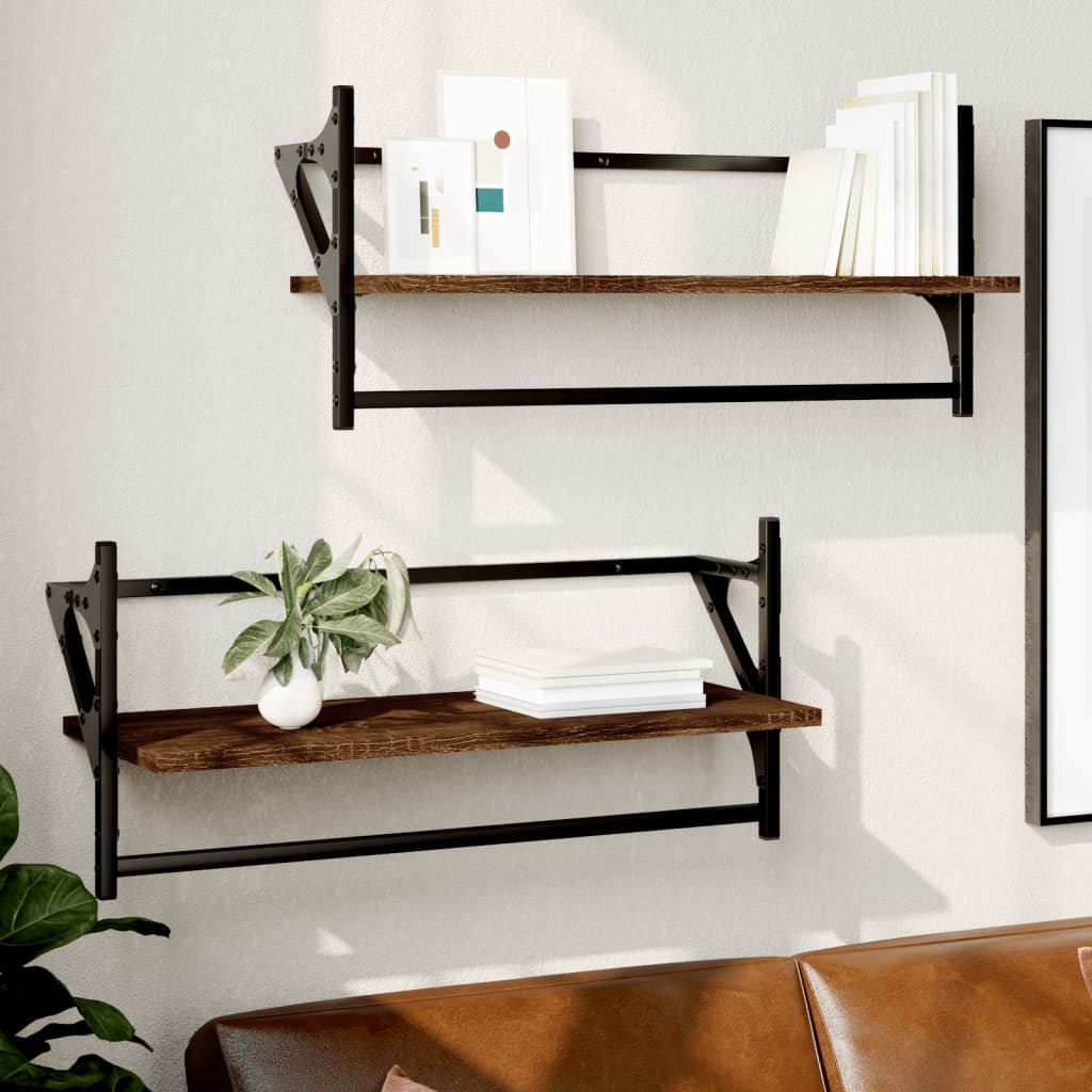 vidaXL Wall Shelves with Bars 2 pcs Brown Oak 65x25x30 cm