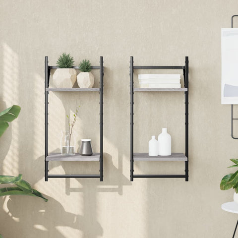 vidaXL 2-Tier Wall Shelves with Bars 2 pcs Grey Sonoma 30x25x65 cm