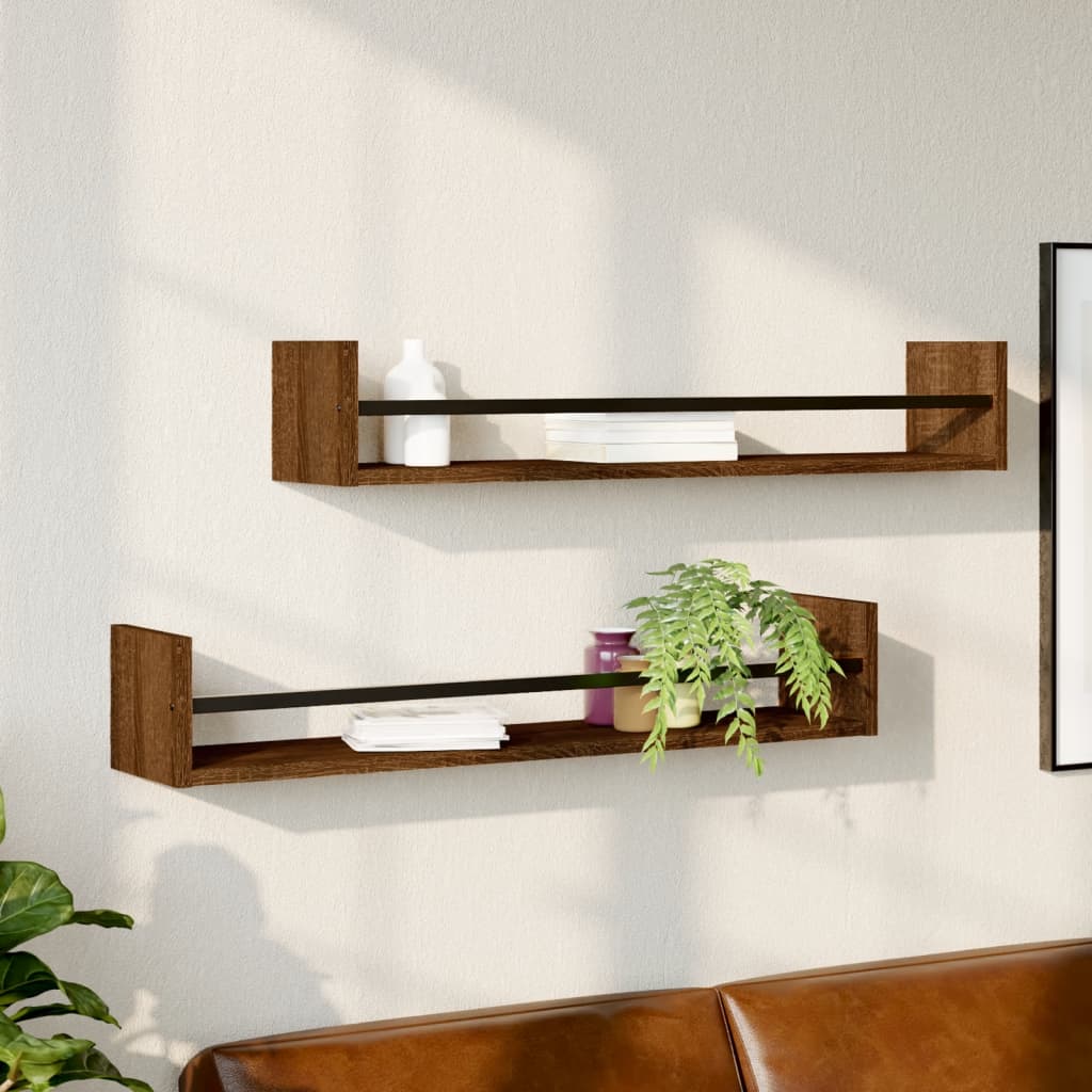 vidaXL Wall Shelves with Bars 2 pcs Brown Oak 80x16x14 cm