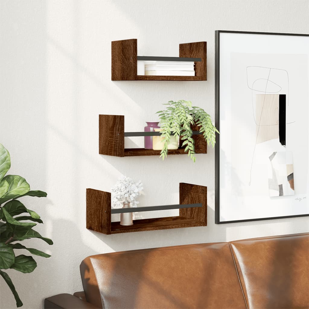 vidaXL 3 Piece Wall Shelf Set with Bars Brown Oak Engineered wood