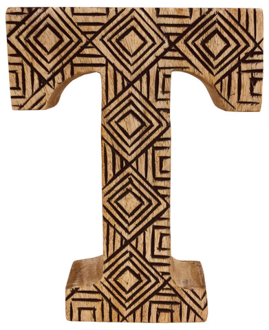 Hand Carved Wooden Geometric Letter T