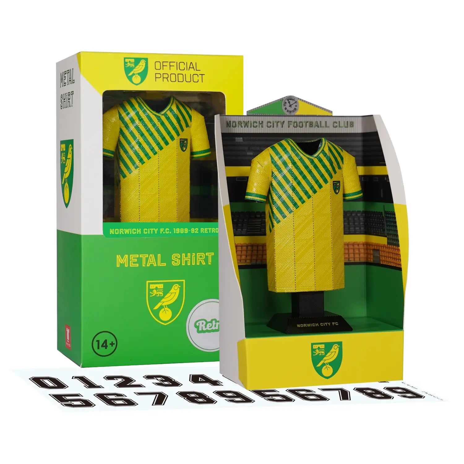 Norwich City 1989-92 retro home shirt collectible in display.