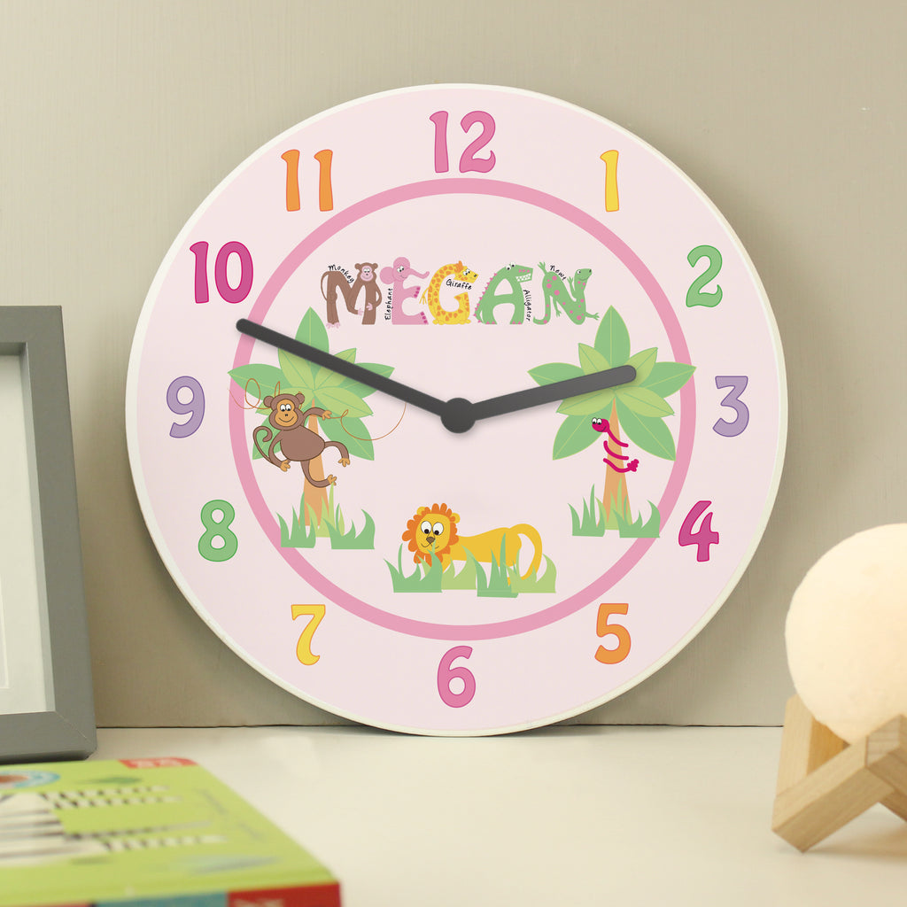 Personalised Pink Animal Alphabet Clock