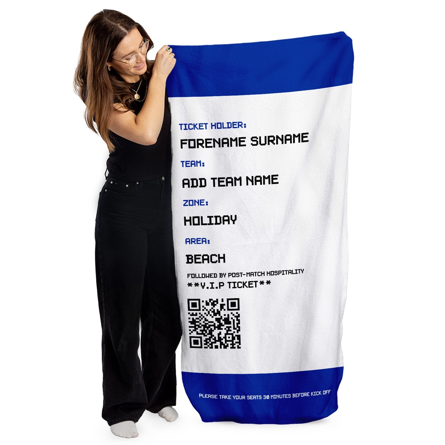 Football Ticket - Blue - Personalised Lightweight, Microfibre Retro Beach Towel - 150cm x 75cm