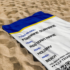 Football Ticket - Blue & Yellow - Personalised Lightweight, Microfibre Retro Beach Towel - 150cm x 75cm