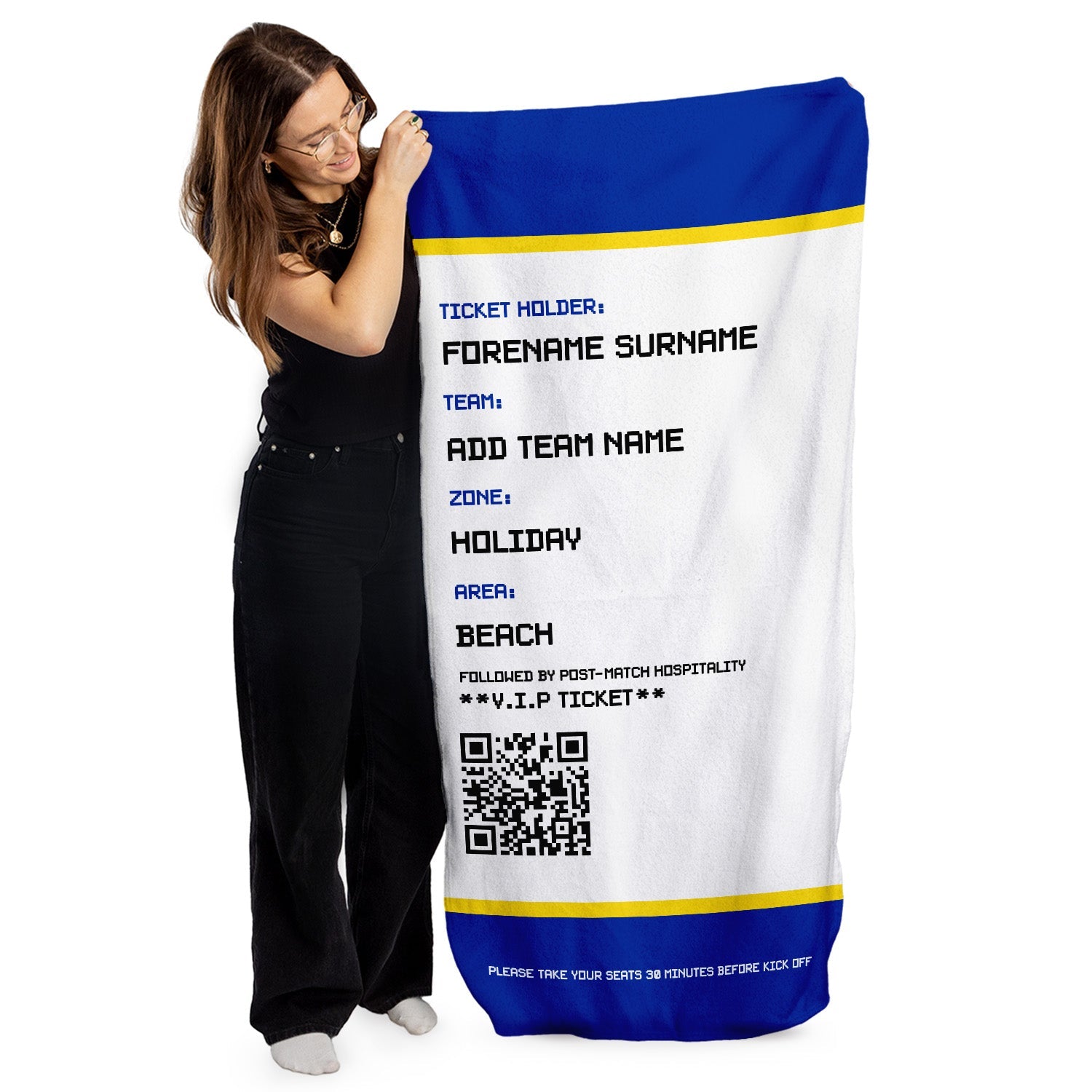 Football Ticket - Blue & Yellow - Personalised Lightweight, Microfibre Retro Beach Towel - 150cm x 75cm