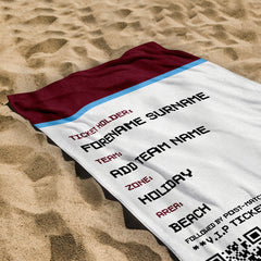 Football Ticket - Claret & Blue - Personalised Lightweight, Microfibre Retro Beach Towel - 150cm x 75cm