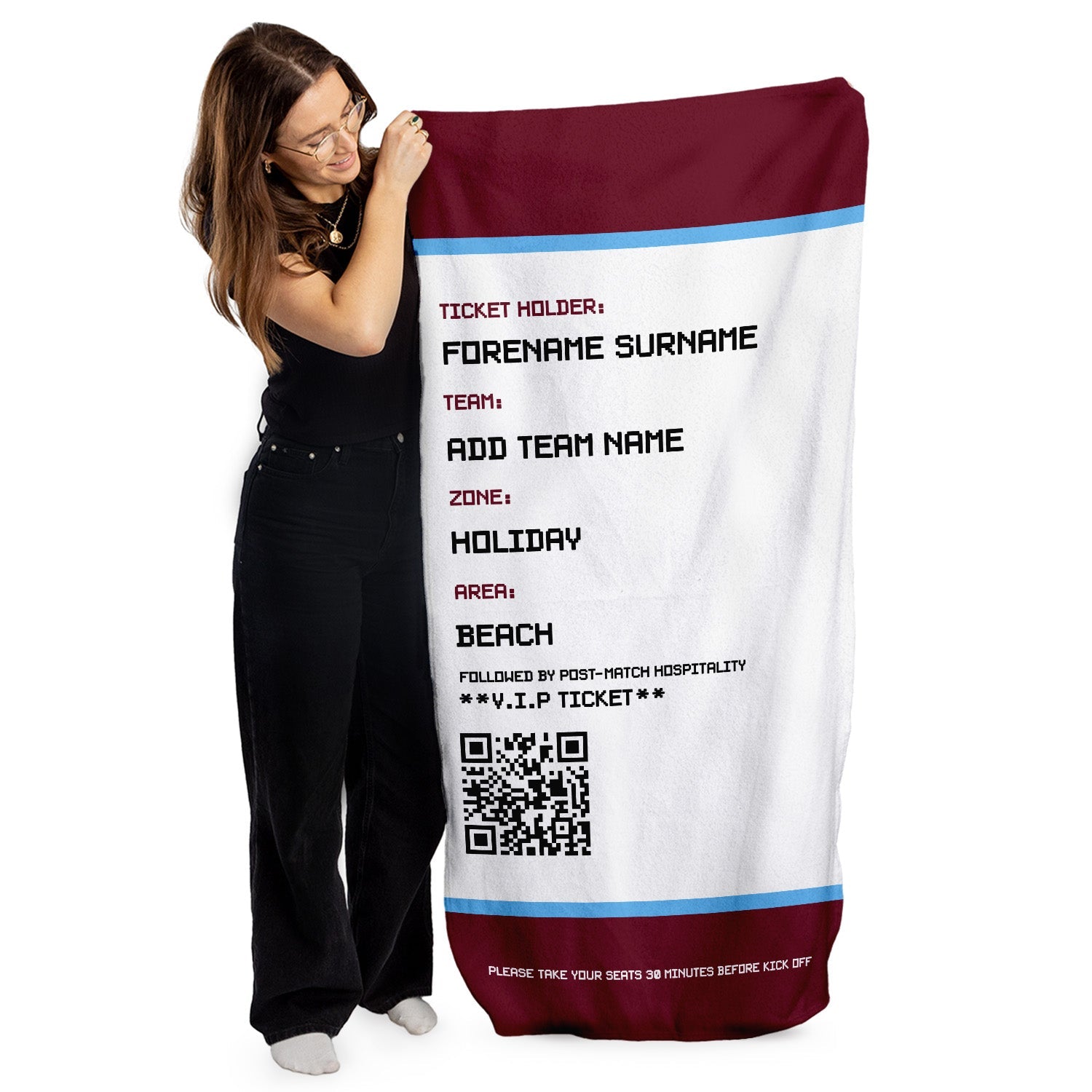 Football Ticket - Claret & Blue - Personalised Lightweight, Microfibre Retro Beach Towel - 150cm x 75cm