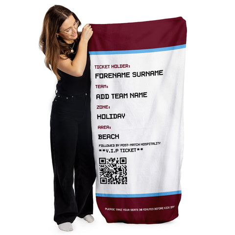 Football Ticket - Claret & Blue - Personalised Lightweight, Microfibre Retro Beach Towel - 150cm x 75cm