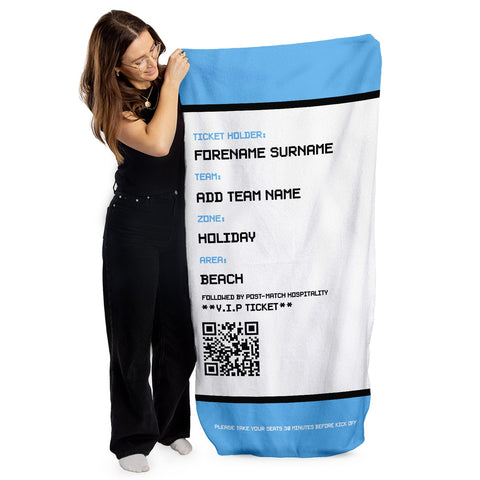 Football Ticket - Light Blue - Personalised Lightweight, Microfibre Retro Beach Towel - 150cm x 75cm