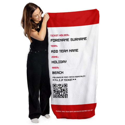 Football Ticket - Red - Personalised Lightweight, Microfibre Retro Beach Towel - 150cm x 75cm