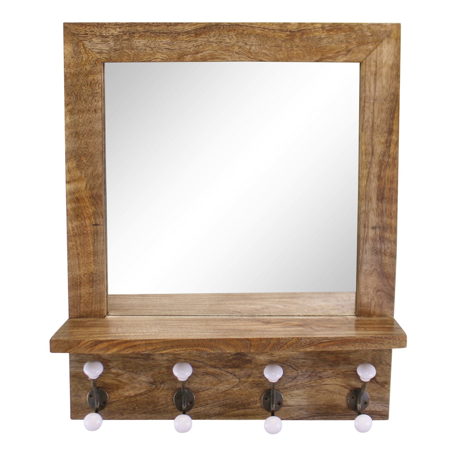 Mango Wood Shelf Unit With Mirror & 4 Double Coat Hooks