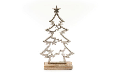 Silver Christmas Tree & Stars On Wooden Base