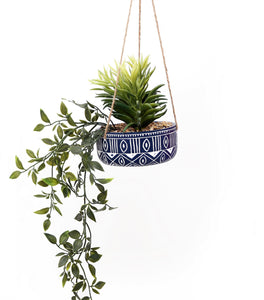 Blue Ceramic Hanging Pot with Plants