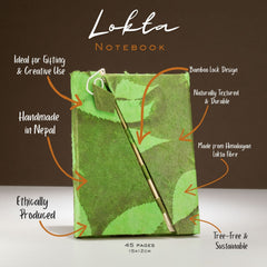 Lokta Bold Floral Bamboo Lock Notebook – Medium (15x12cm) – 45 Leaves – Moss Green