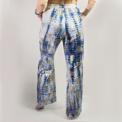 Nomad Sari Lounge Pants (L/XL) – Blue Tie-Dye with Gold Greek Motif