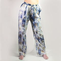 Nomad Sari Lounge Pants (L/XL) – Blue Tie-Dye with Gold Greek Motif
