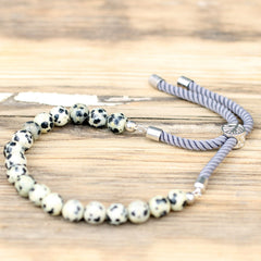925 Silver Plated Gemstone Charcoal String Bracelet - Dalmatian Jasper