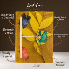 Lokta Bold Floral Notebook – Large (21x15cm) – 45 Leaves – Includes Bookmark – Mustard Brown