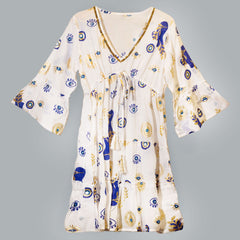 Nomad Sari Evil Eye Dress – White, Blue & Gold – Size M/L