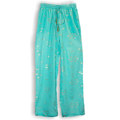 Nomad Sari Lounge Pants (L/XL) – Turquoise with Hand-Painted Gold Fish Design