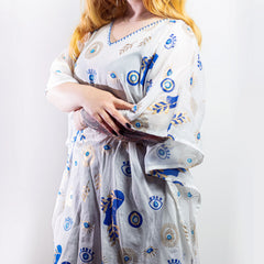 Nomad Sari Kaftan – White with Blue & Gold Evil Eye Print