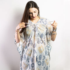 Nomad Sari Kaftan – Blue & Gold Greek Motif Print
