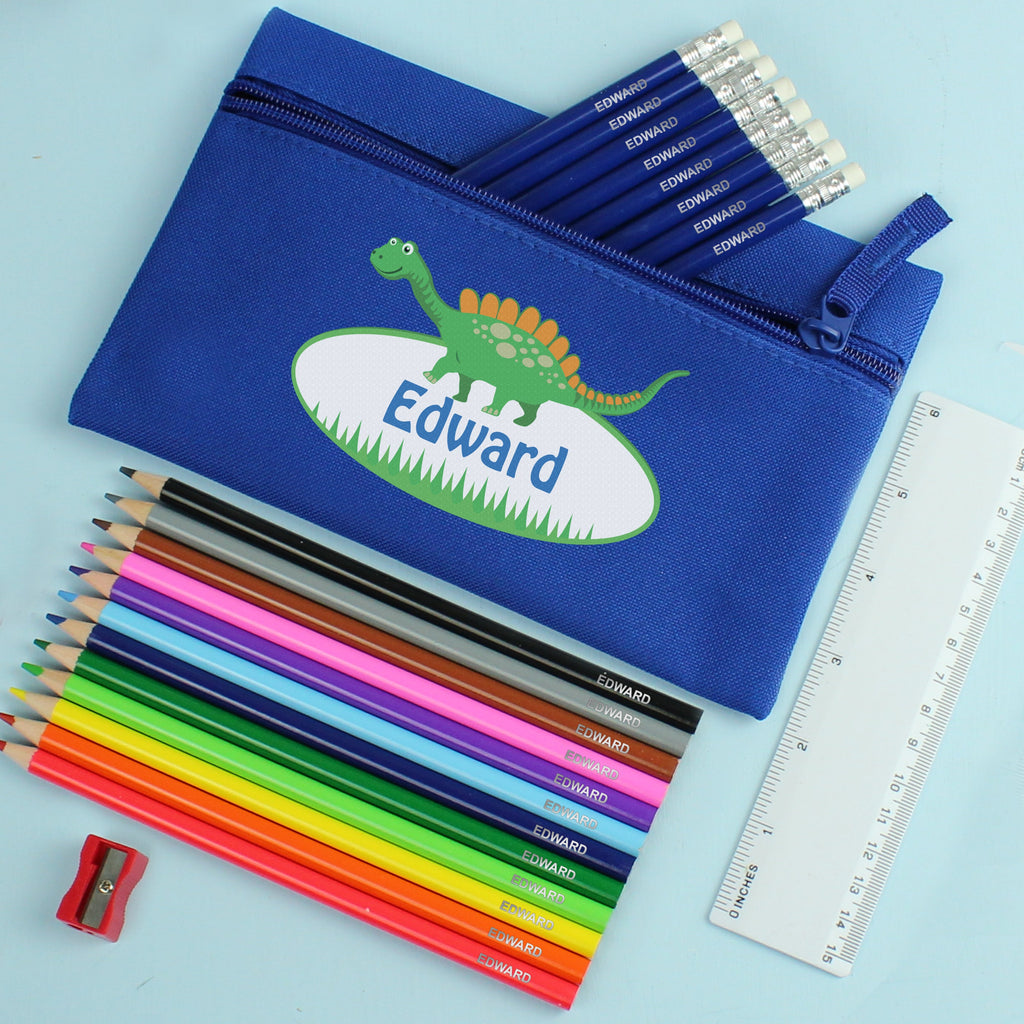 Blue Dinosaur Pencil Case with Personalised Pencils & Crayons