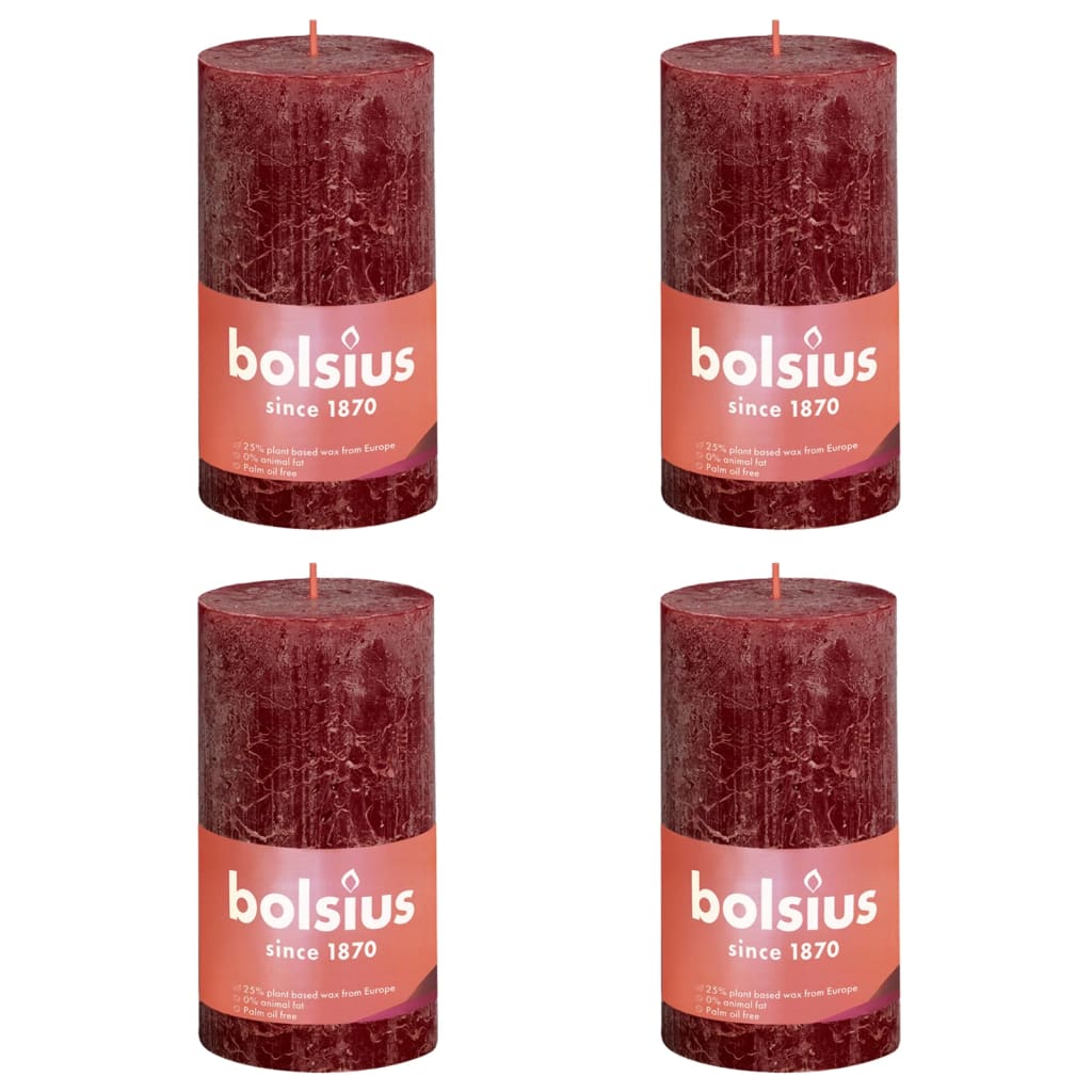 Bolsius Rustic Pillar Candles Shine 4 pcs 130x68 mm Velvet Red