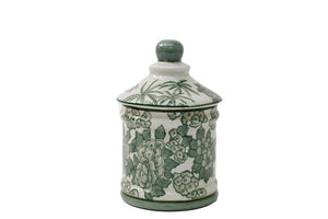 Ceramic Green Parrot Palm Willow Urn Jar With Lid 16cm