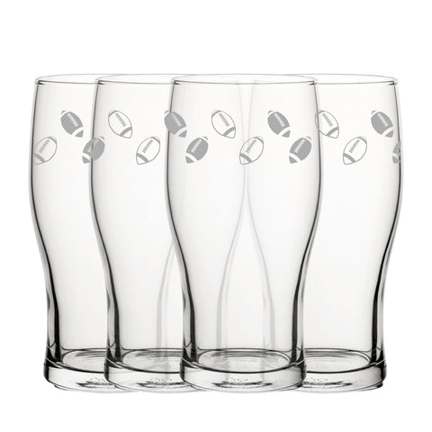 Engraved American Football Pattern Pint Glass Set of 4, 20oz Tulip Glasses