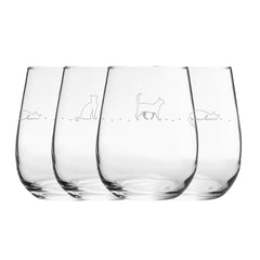 Engraved Cat Pattern Set of 4 Gaia Stemless Wine 12oz Glasses