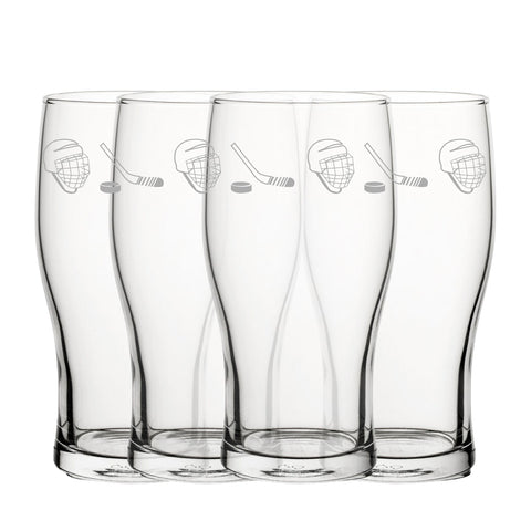 Engraved Ice Hockey Pattern Pint Glass Set of 4, 20oz Tulip Glasses