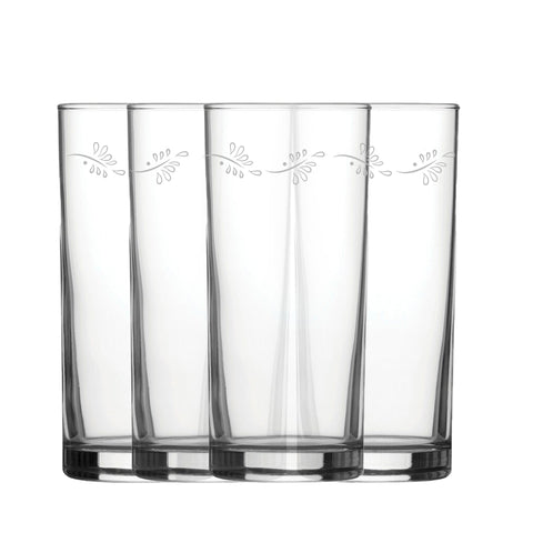 Engraved Leaves Set of 4 Patterned Hiball 12oz Glasses