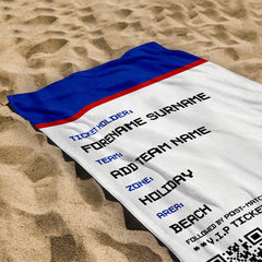 Football Ticket - Blue & Red - Personalised Lightweight, Microfibre Retro Beach Towel - 150cm x 75cm