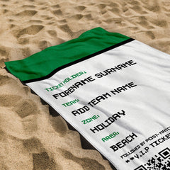 Football Ticket - Green - Personalised Lightweight, Microfibre Retro Beach Towel - 150cm x 75cm