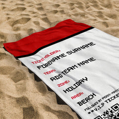 Football Ticket - Red & Black - Personalised Lightweight, Microfibre Retro Beach Towel - 150cm x 75cm