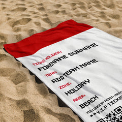 Football Ticket - Red - Personalised Lightweight, Microfibre Retro Beach Towel - 150cm x 75cm
