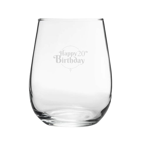 Happy 20th Birthday Balloon Design - Engraved Novelty Stemless Wine Gin Tumbler