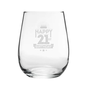 Happy 21st Birthday Cake Design - Engraved Novelty Stemless Wine Gin Tumbler